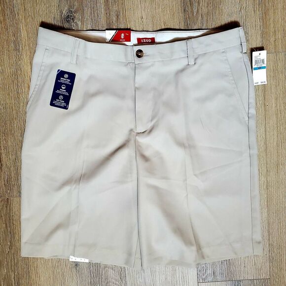 IZOD Shorts Golf 36 NEW The Driver Cool & Dry Khaki Shorts Tan Flat Front NWT - Picture 2 of 11